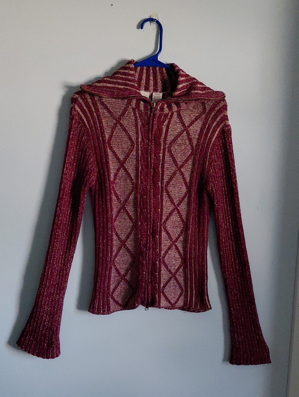 Womens Cable Knit Maroon Textured Full Zip Collarer Sweater Ramie Cotton Medium